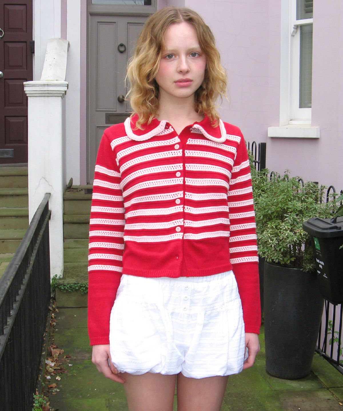 시눈(SINOON) Stripe Collar Cardigan (Red)