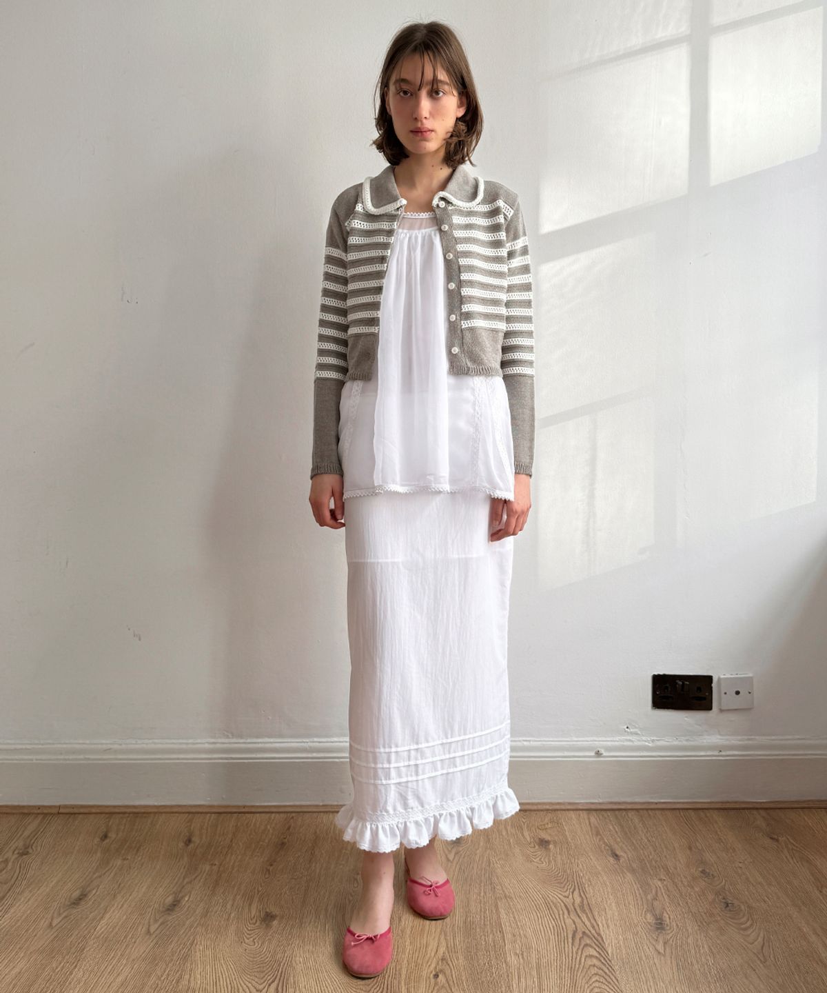 시눈(SINOON) Stripe Collar Cardigan (Melange Grey)