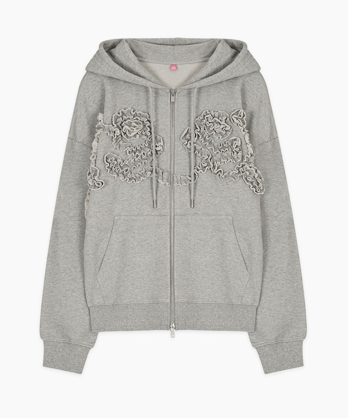 시눈(SINOON) Rose Frill Oversized-Fit Hooded Zip-Up (Melange Grey)