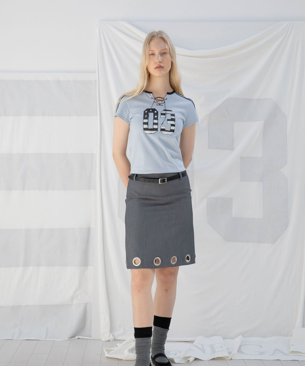디망쉬(DIMANCHE) EYELET MIDI SKIRT (GREY)