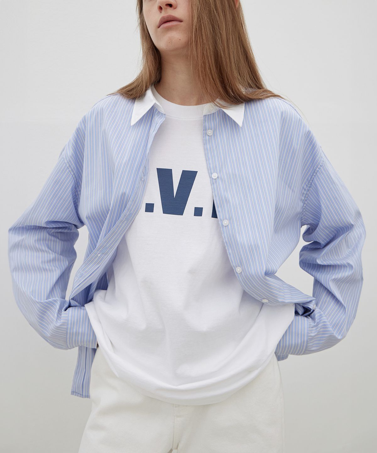 르바(LEVAR) Stripe Cotton Relaxed Shirt - Blue/White