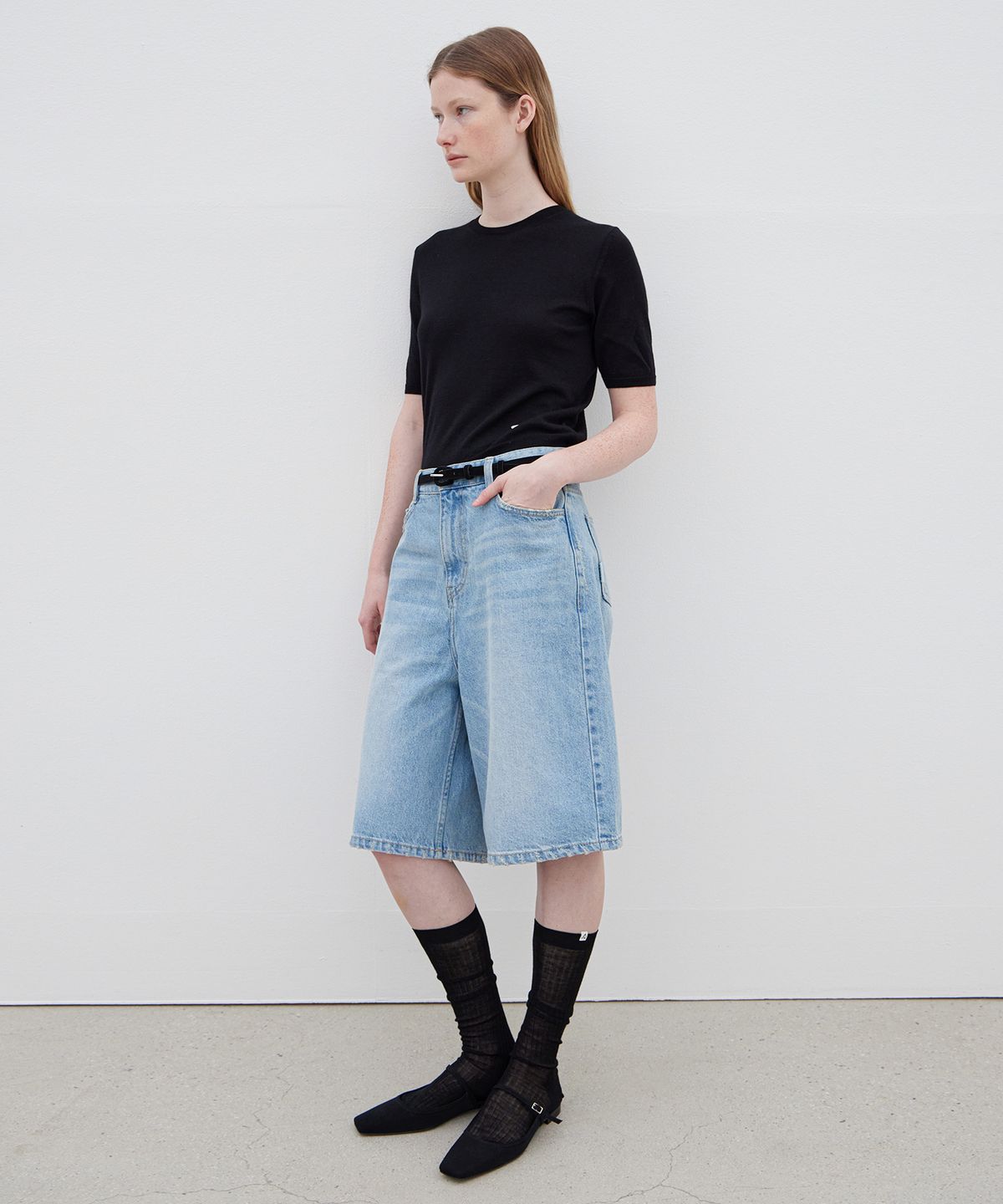르바(LEVAR) Relaxed Wide Bermuda Denim - Light Blue
