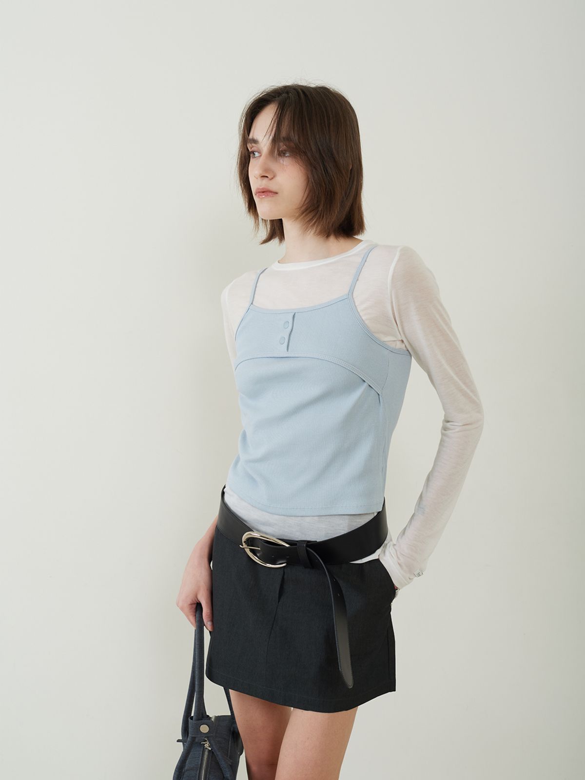 프롬웨얼(FROMWHERE) Point Belt  Mini Skirt Black