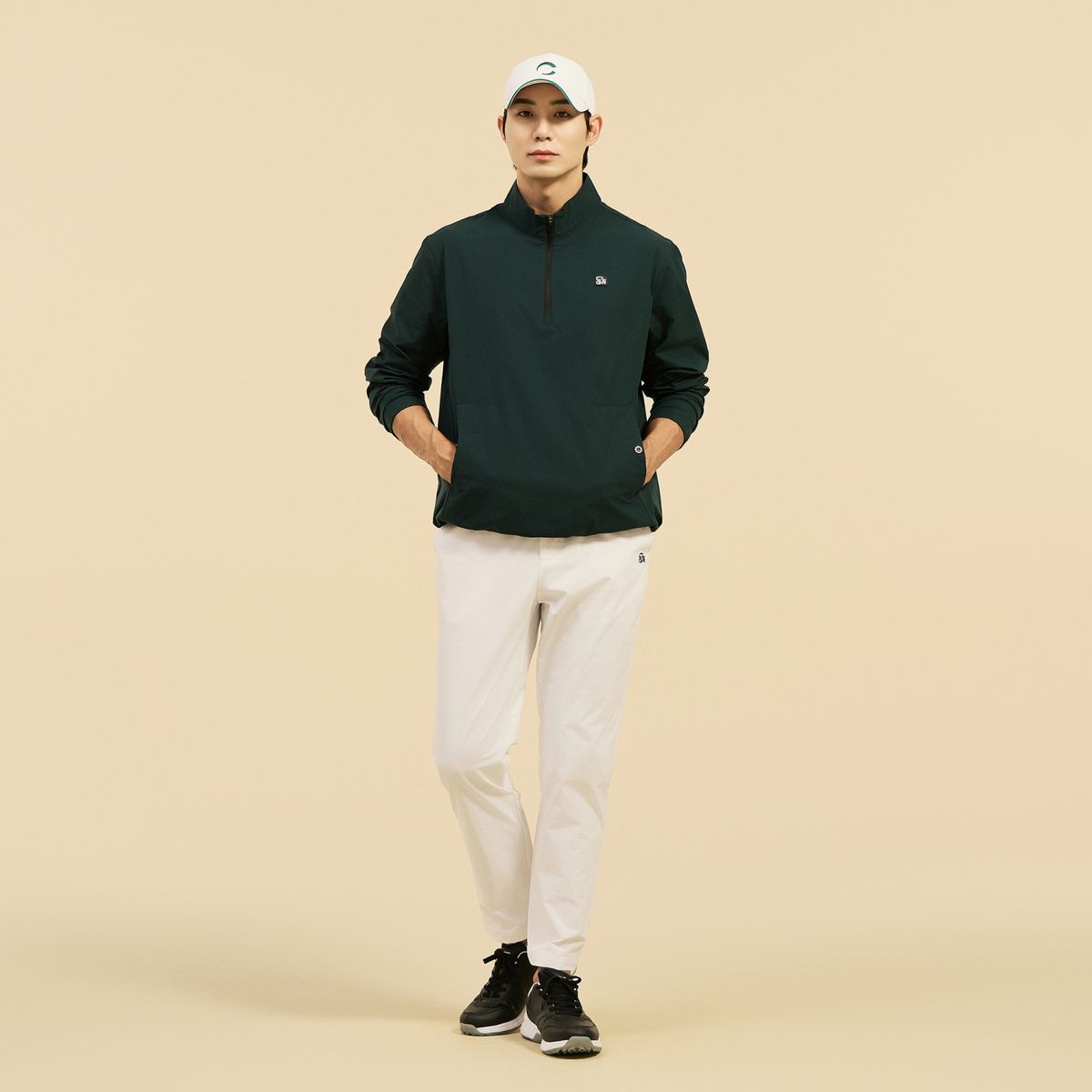 챌린저(CHALLENGER) 남성 에센셜 반집업 하이넥 윈드브레이커 우븐탑 다크그린