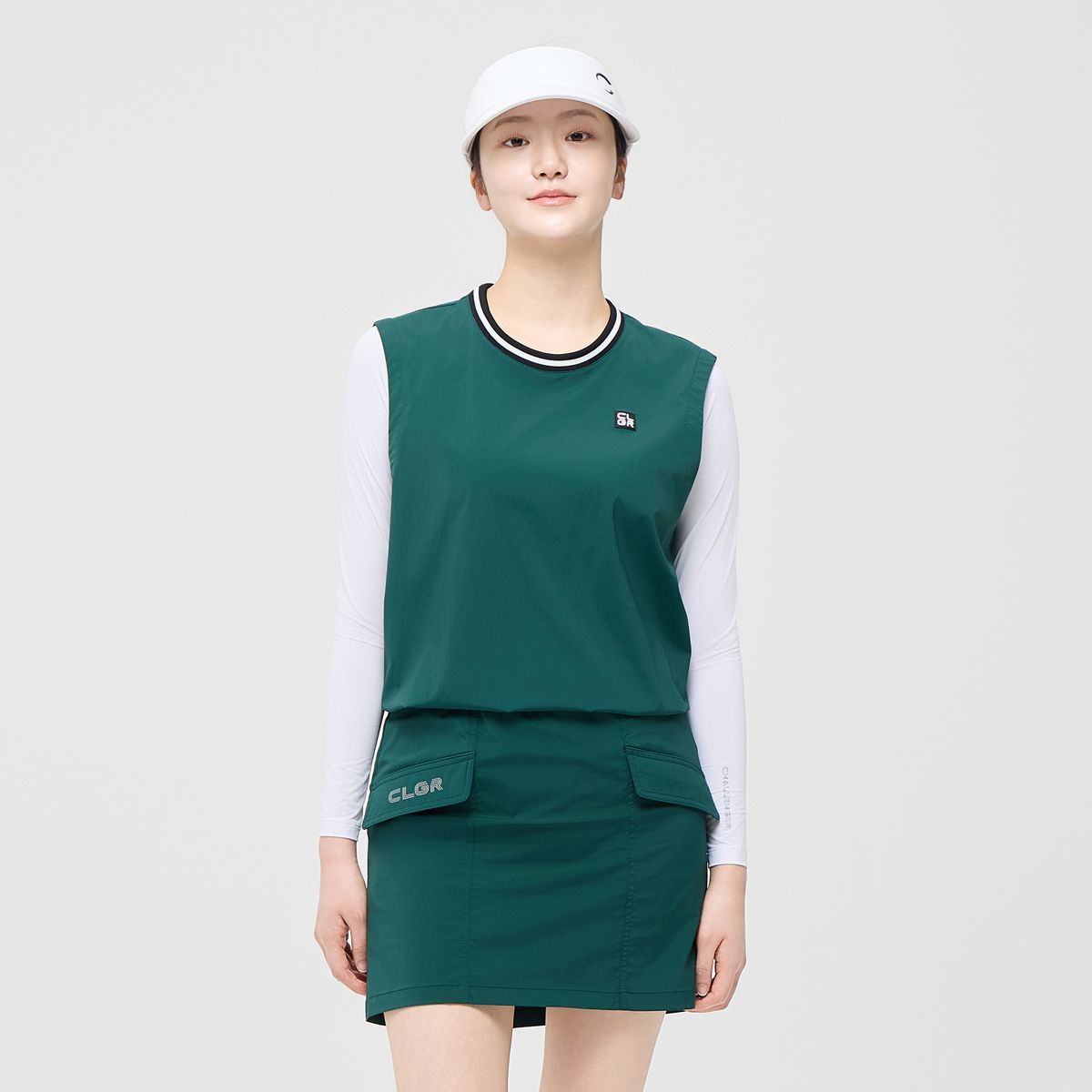 챌린저(CHALLENGER) 여성 에센셜 스트라이프 밑단 스트링 라운드 베스트 다크그린