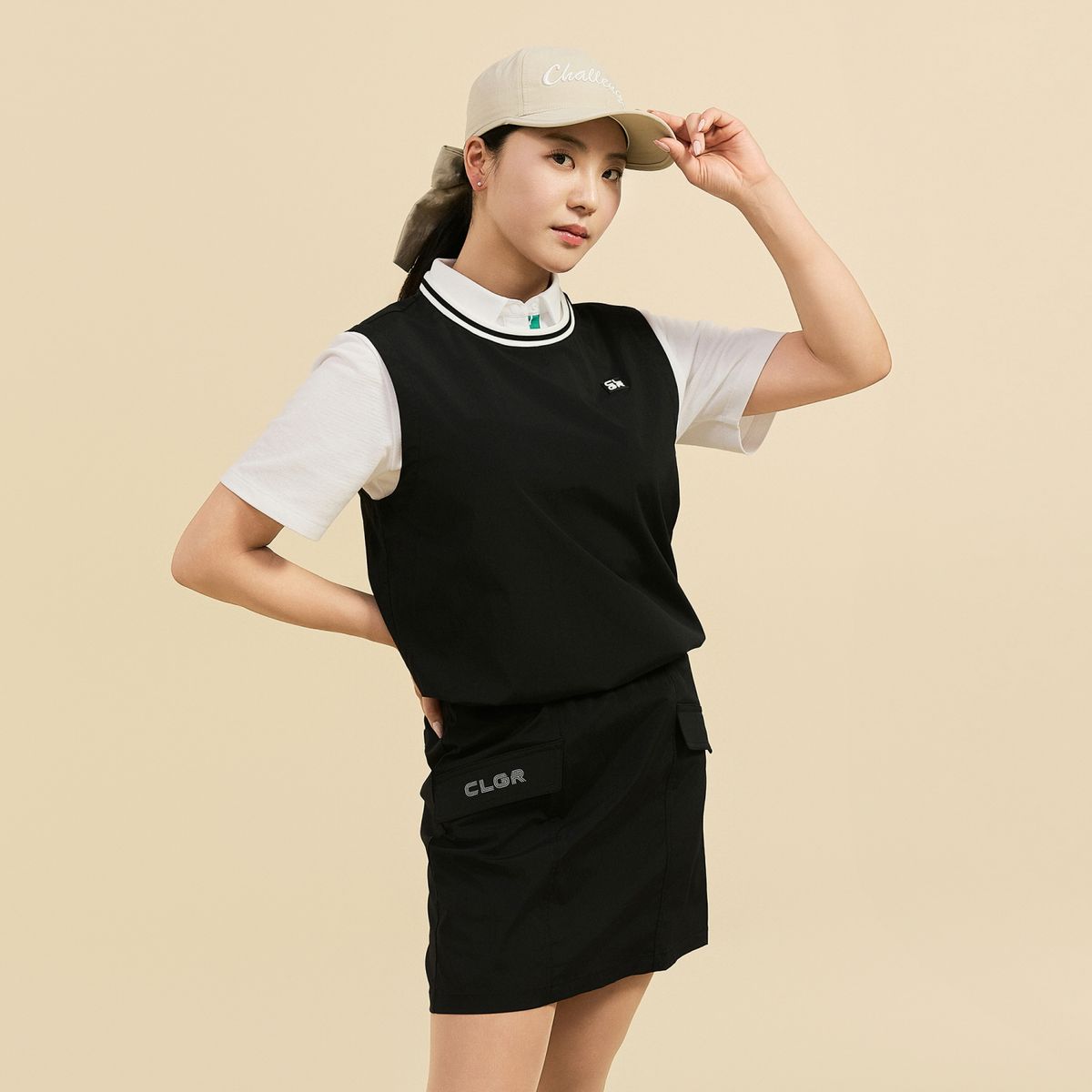 챌린저(CHALLENGER) 여성 에센셜 스트라이프 밑단 스트링 라운드 베스트 블랙
