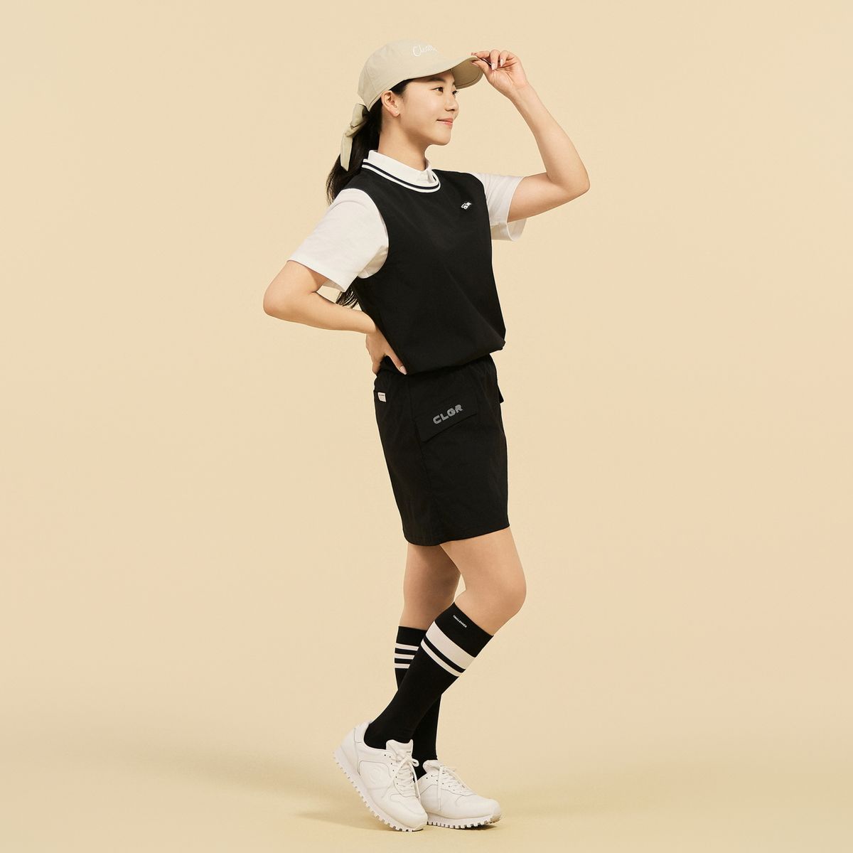 챌린저(CHALLENGER) 여성 에센셜 스트라이프 밑단 스트링 라운드 베스트 블랙