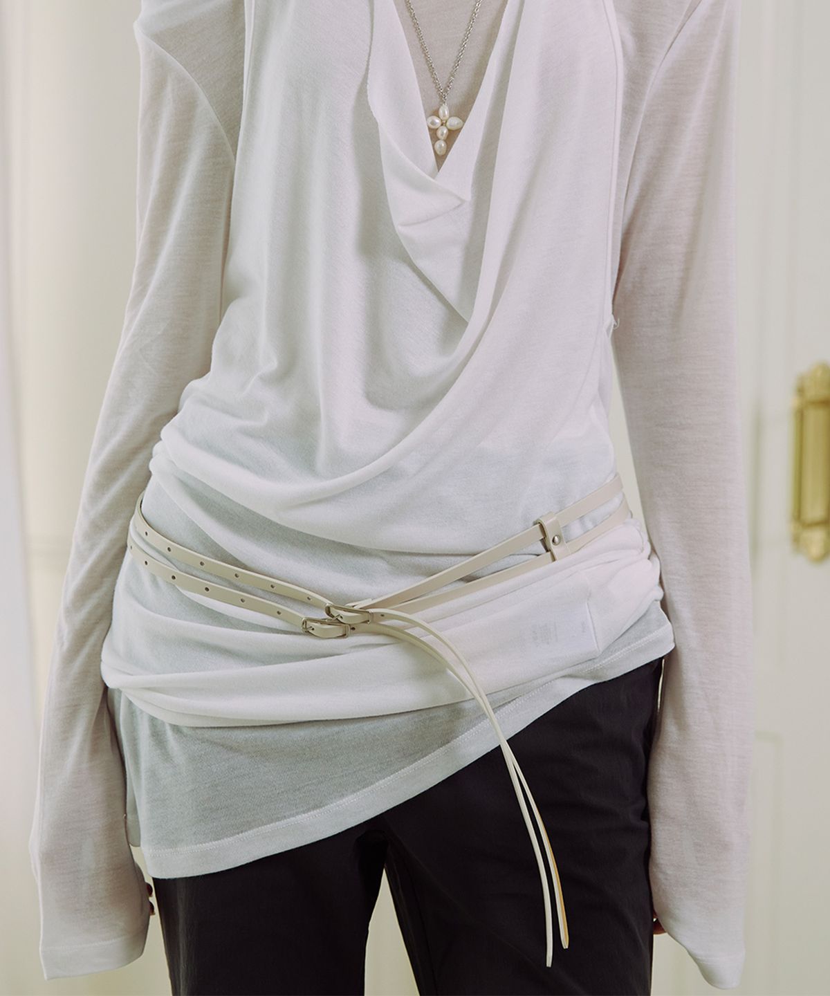 더포르타(THEPORTA) TWIN BUCKLE THIN LEATHER BELT, IVORY