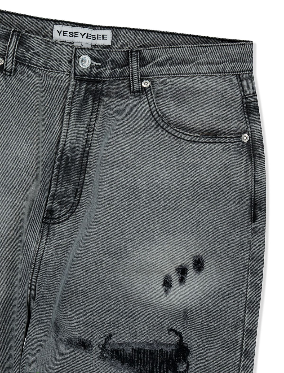 예스아이씨(YESEYESEE) Distressed 5 Pockets Denim Pants Bleached Black