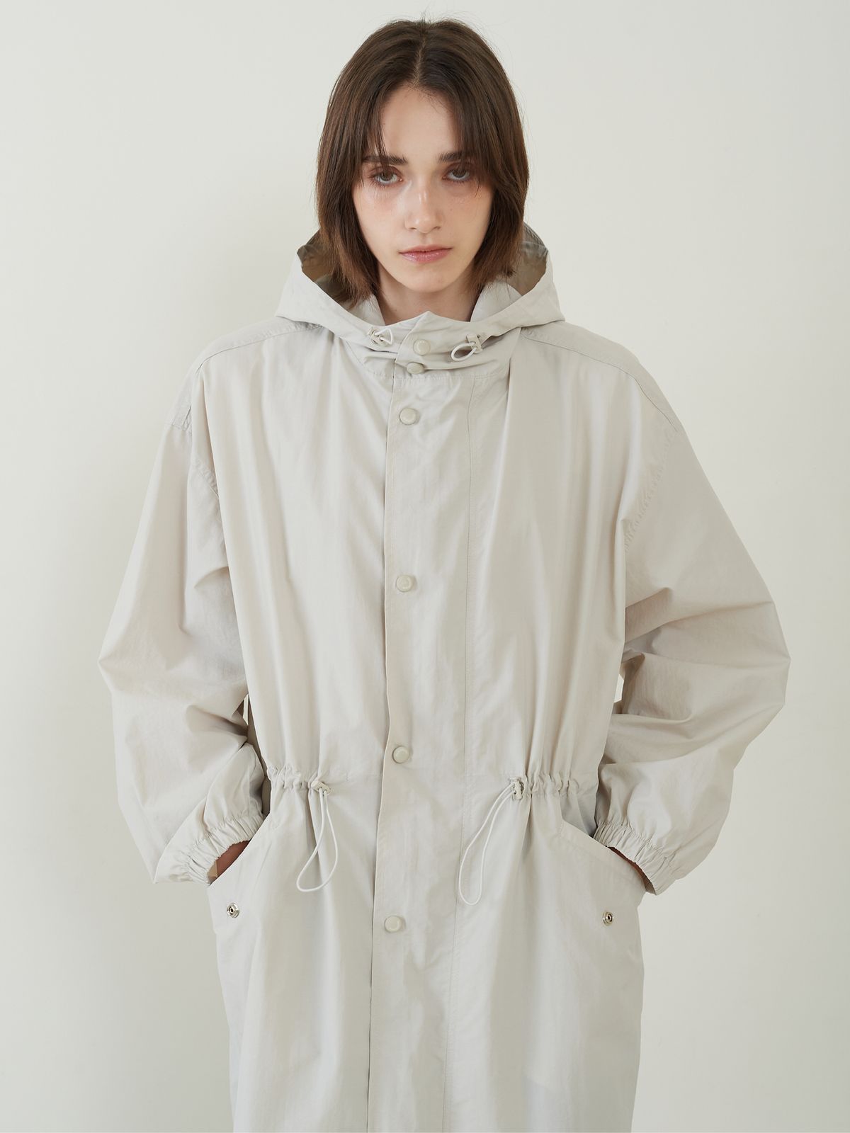 프롬웨얼(FROMWHERE) String Hoodie Half Coat Ash Cream