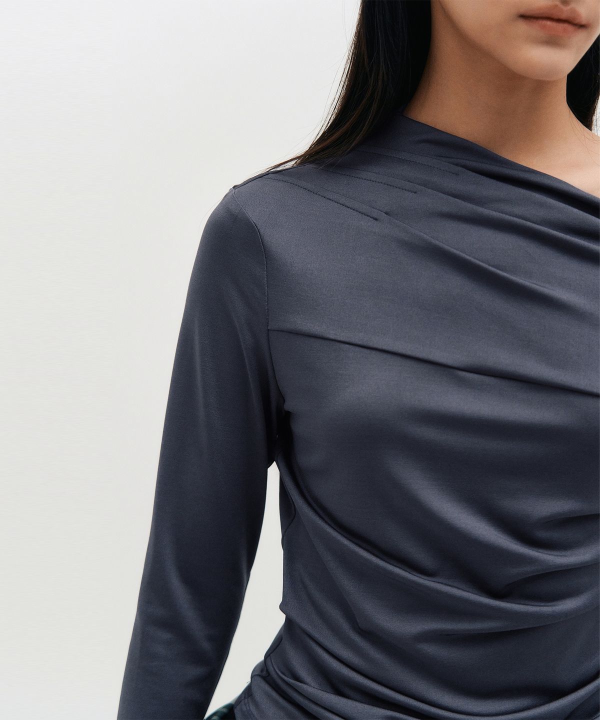 킴지수(KIMZISU) One Shoulder Draped Jersey Top _ CHARCOAL
