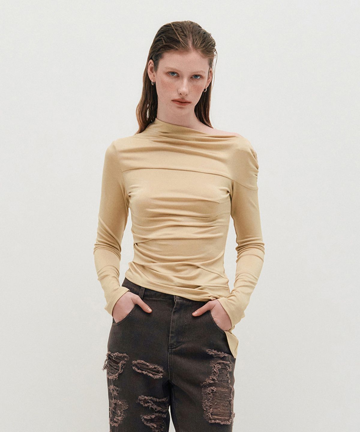 킴지수(KIMZISU) One Shoulder Draped Jersey Top _ BEIGE