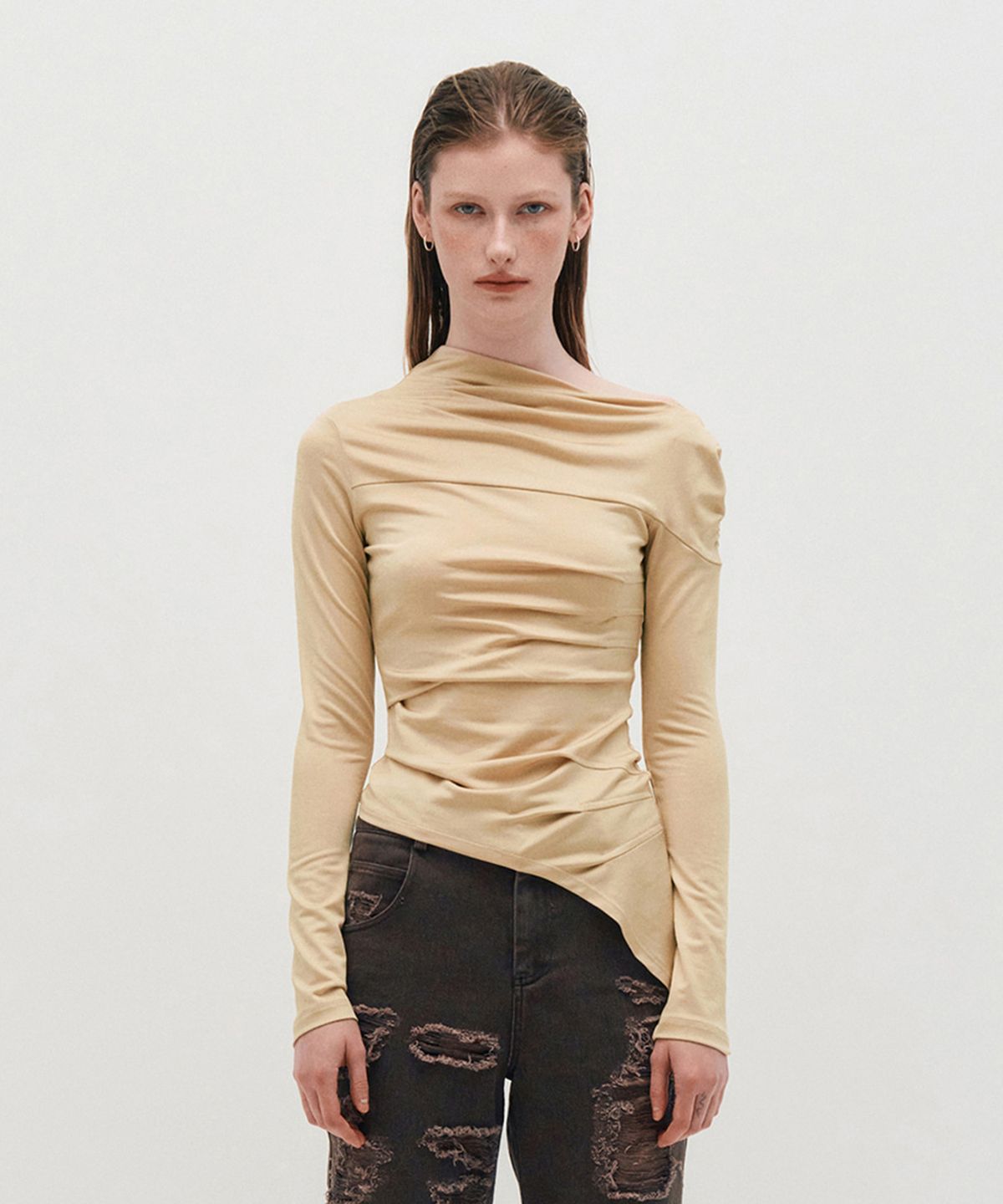 킴지수(KIMZISU) One Shoulder Draped Jersey Top _ BEIGE
