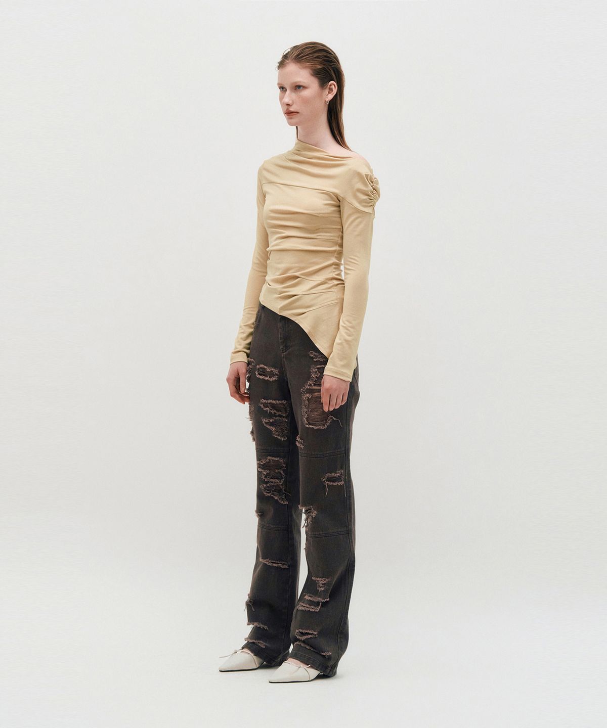 킴지수(KIMZISU) One Shoulder Draped Jersey Top _ BEIGE
