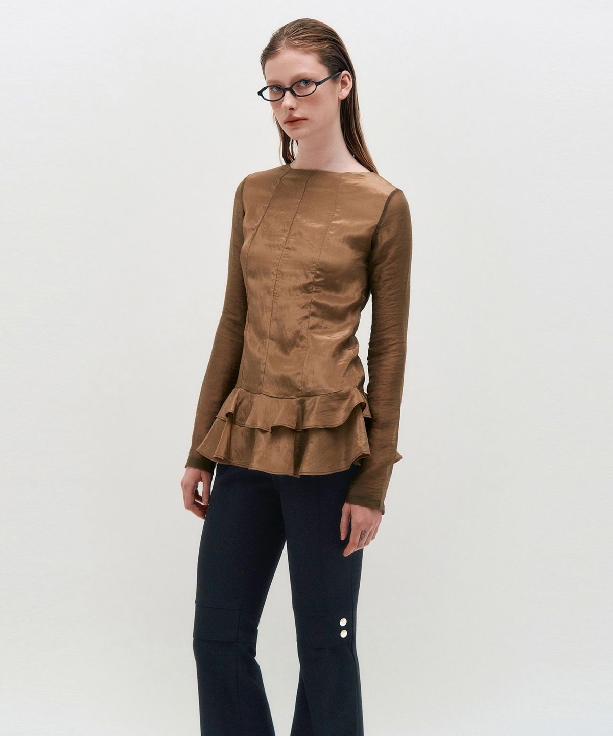 킴지수(KIMZISU) Glossy Frill Top _ BROWN