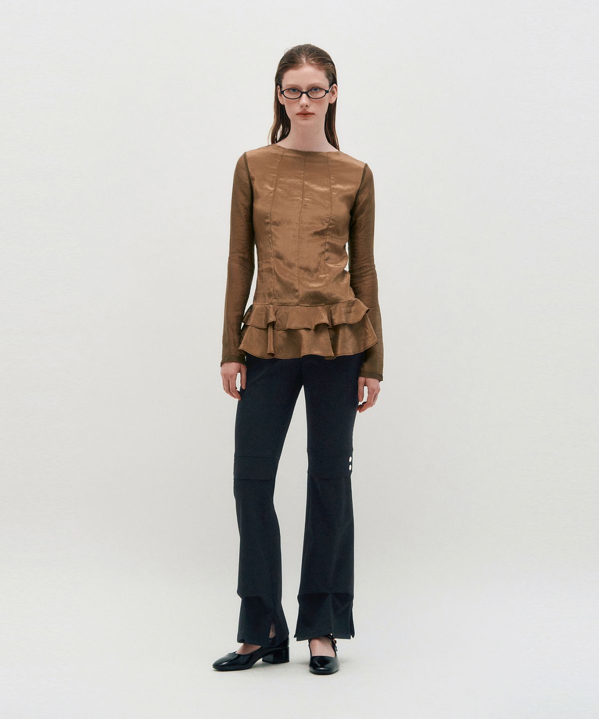 킴지수(KIMZISU) Glossy Frill Top _ BROWN