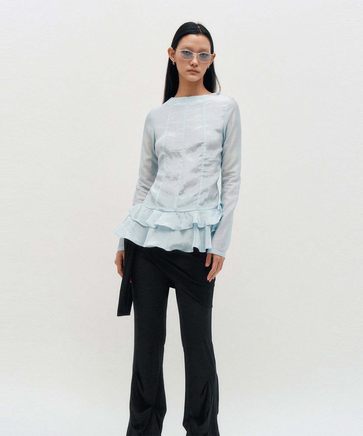킴지수(KIMZISU) Glossy Frill Top _ SKY BLUE