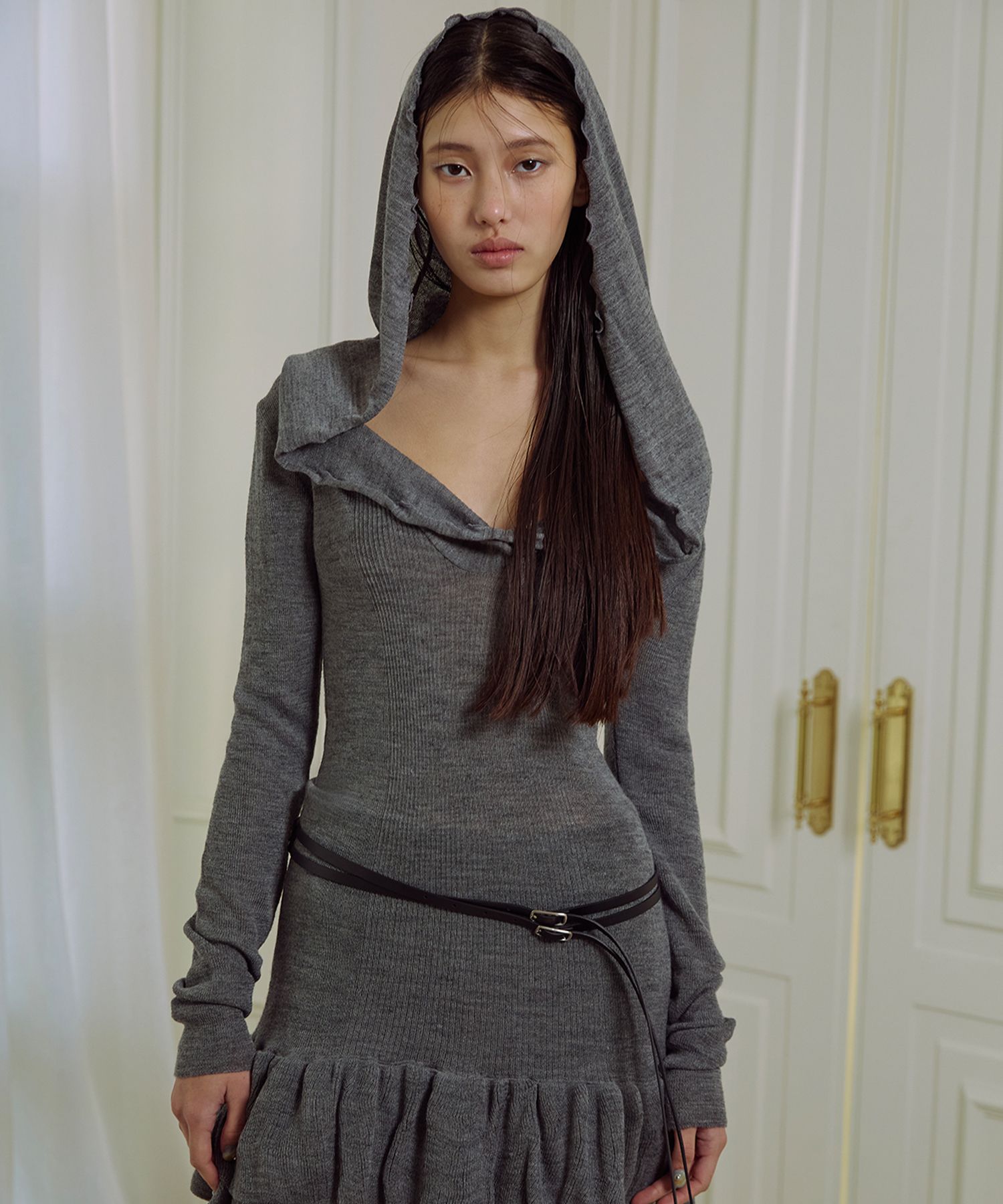 MUSINSA | PORTA OFF-SHOULDER HOODED KNIT MINI DRESS, GREY