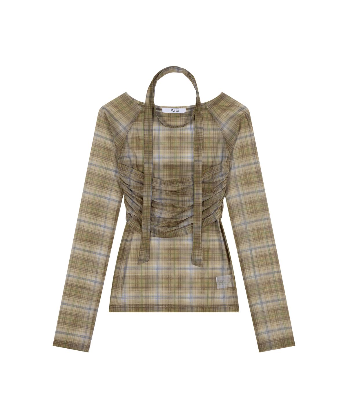 더포르타(THEPORTA) CHECK RIBBON OFF-SHOULDER DRAPE TOP, YELLOW