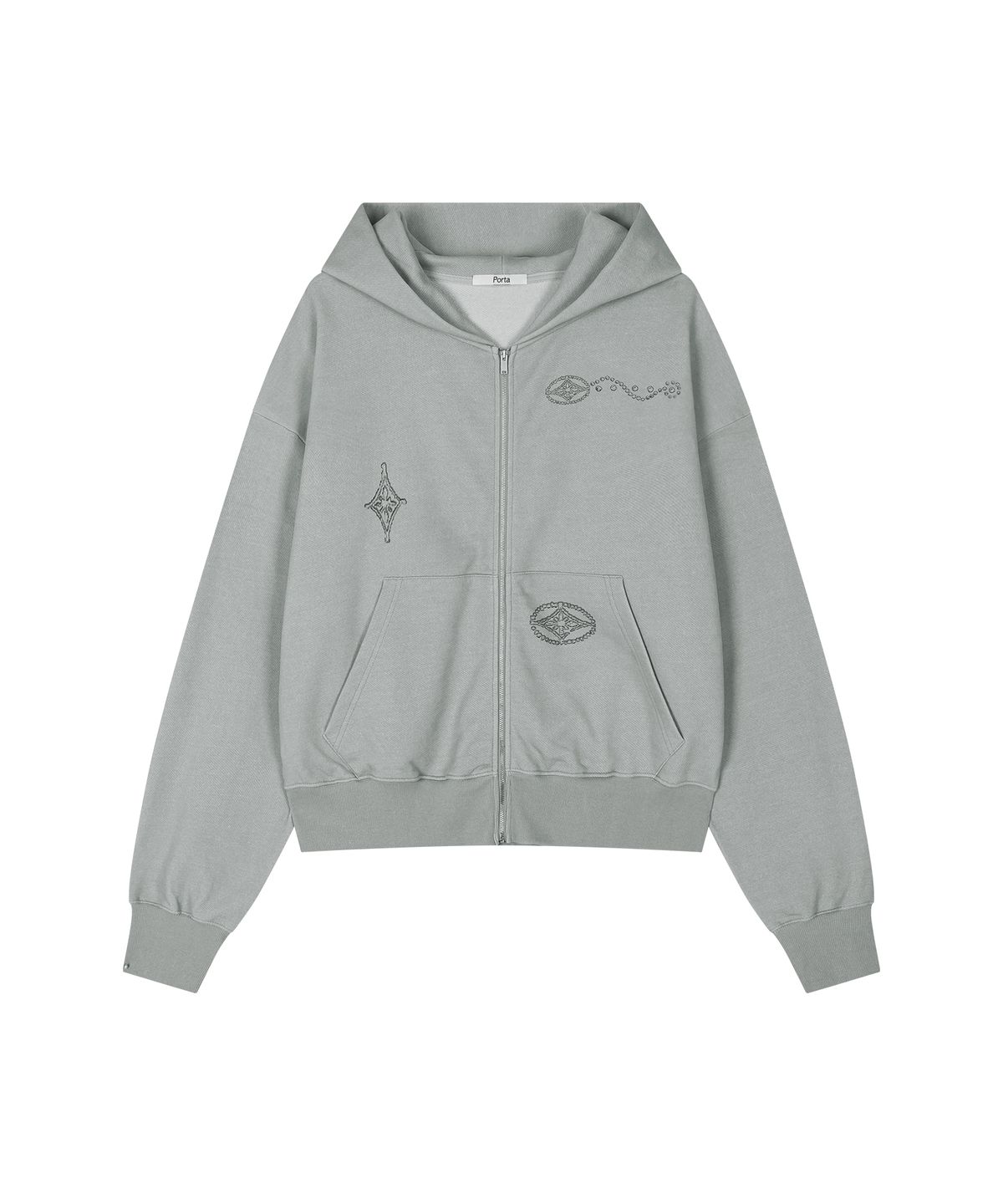 더포르타(THEPORTA) GRAPHIC WASHED HOODED ZIP-UP, ASH KHAKI