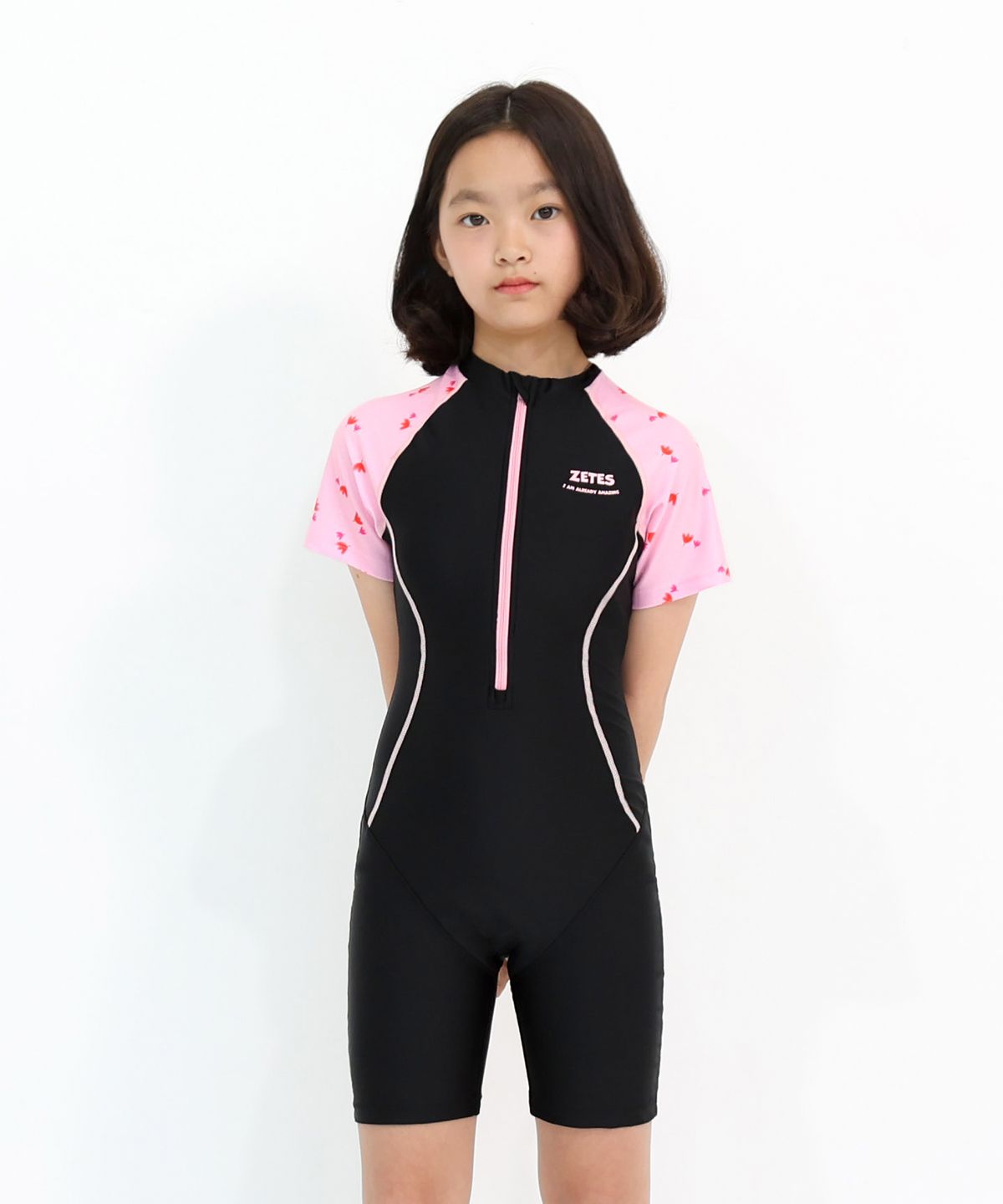 제테스(ZETES) 여아 스플래쉬 집업 반팔 3부 올인원 수영복 BLUSH TULIP G2i566
