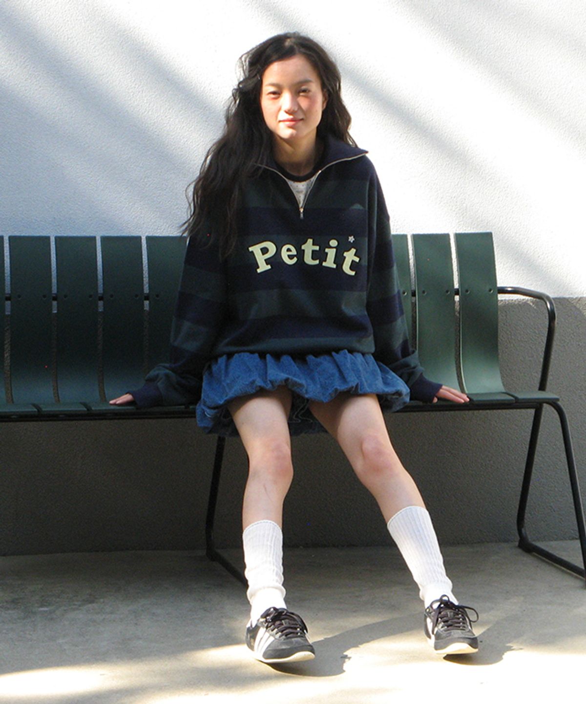 론론(RONRON) STAR BUTTON PETIT APPLIQUE HALF ZIP UP SWEATSHIRTS GREEN NAVY