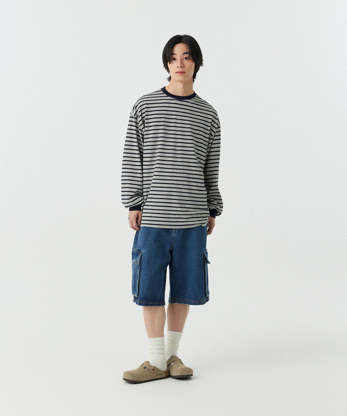 스탠즈(STENDS) [M~4XL] 스트라이프 롱 슬리브 티셔츠_그레이