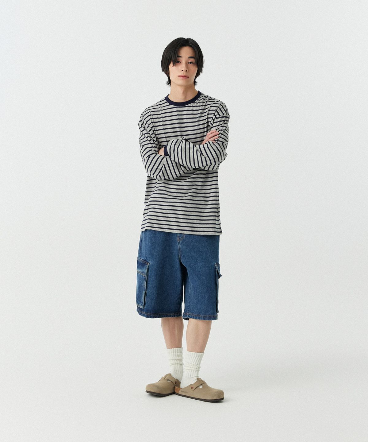 스탠즈(STENDS) [M~4XL] 스트라이프 롱 슬리브 티셔츠_그레이