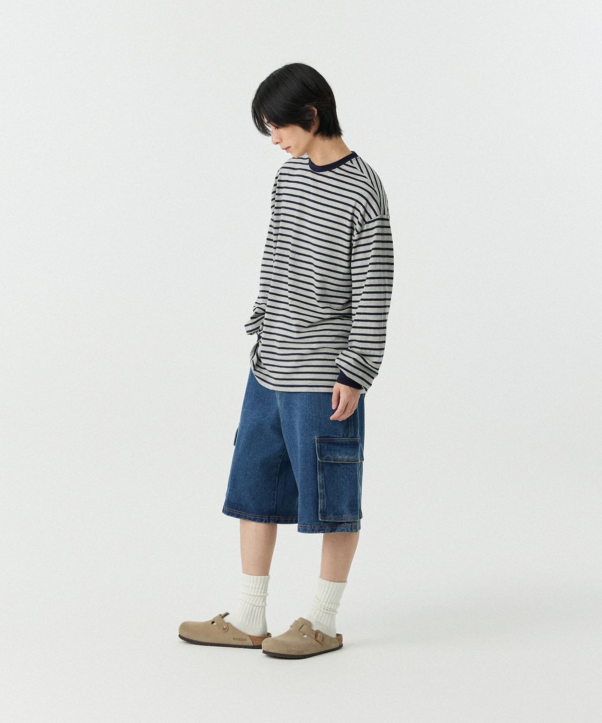 스탠즈(STENDS) [M~4XL] 스트라이프 롱 슬리브 티셔츠_그레이