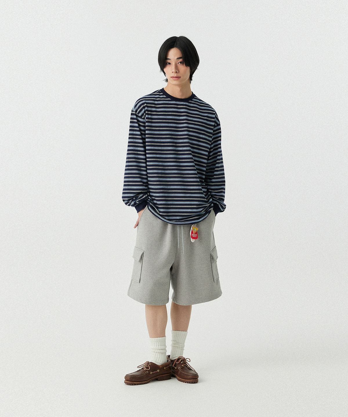 스탠즈(STENDS) [M~4XL] 벨트 루프 카고 스웻 쇼츠_멜란지 그레이
