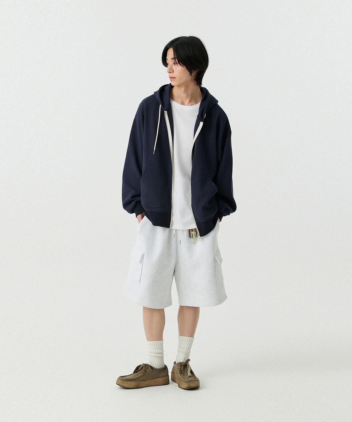 스탠즈(STENDS) [M~4XL] 벨트 루프 카고 스웻 쇼츠_화이트 멜란지