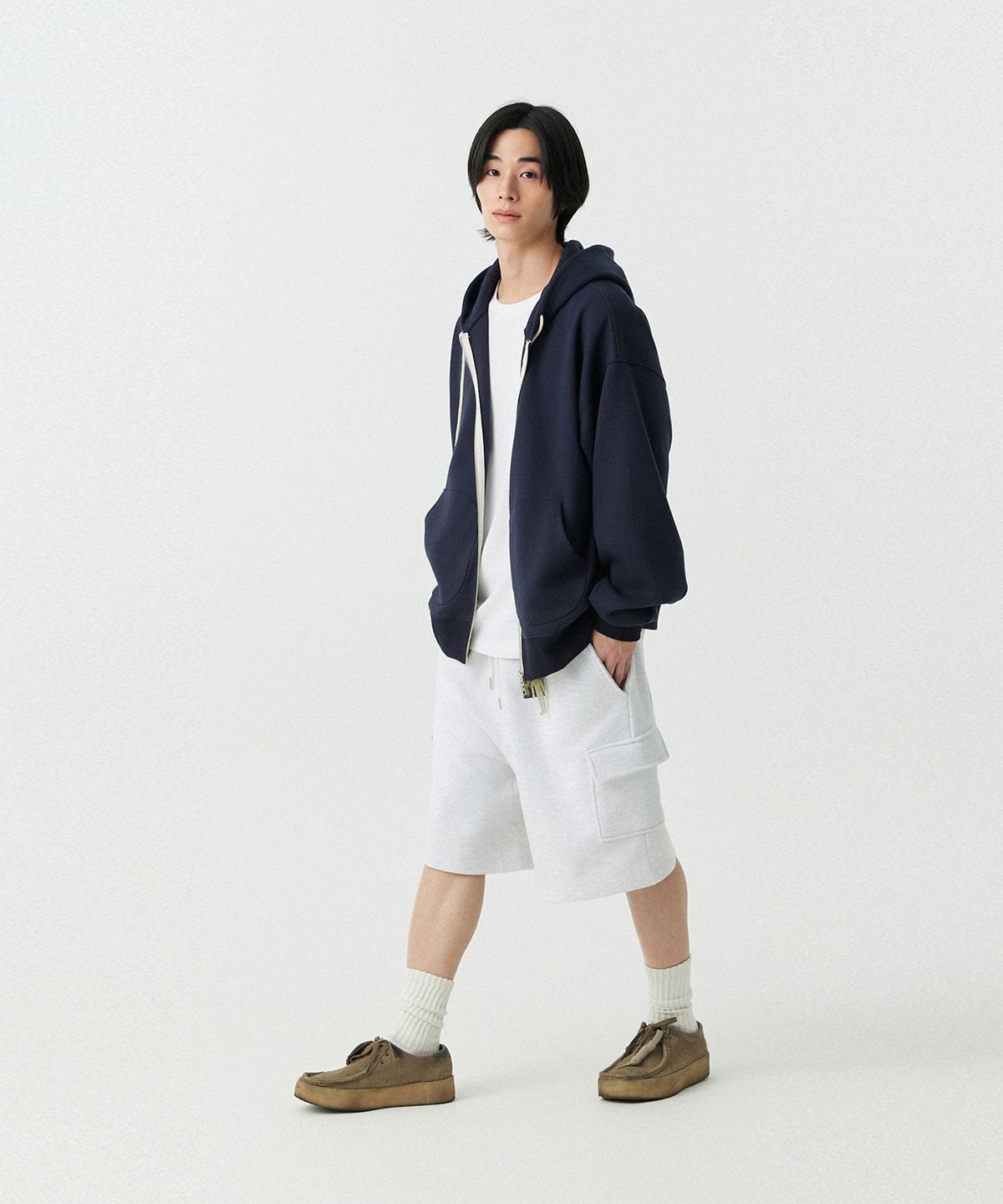 스탠즈(STENDS) [M~4XL] 벨트 루프 카고 스웻 쇼츠_화이트 멜란지