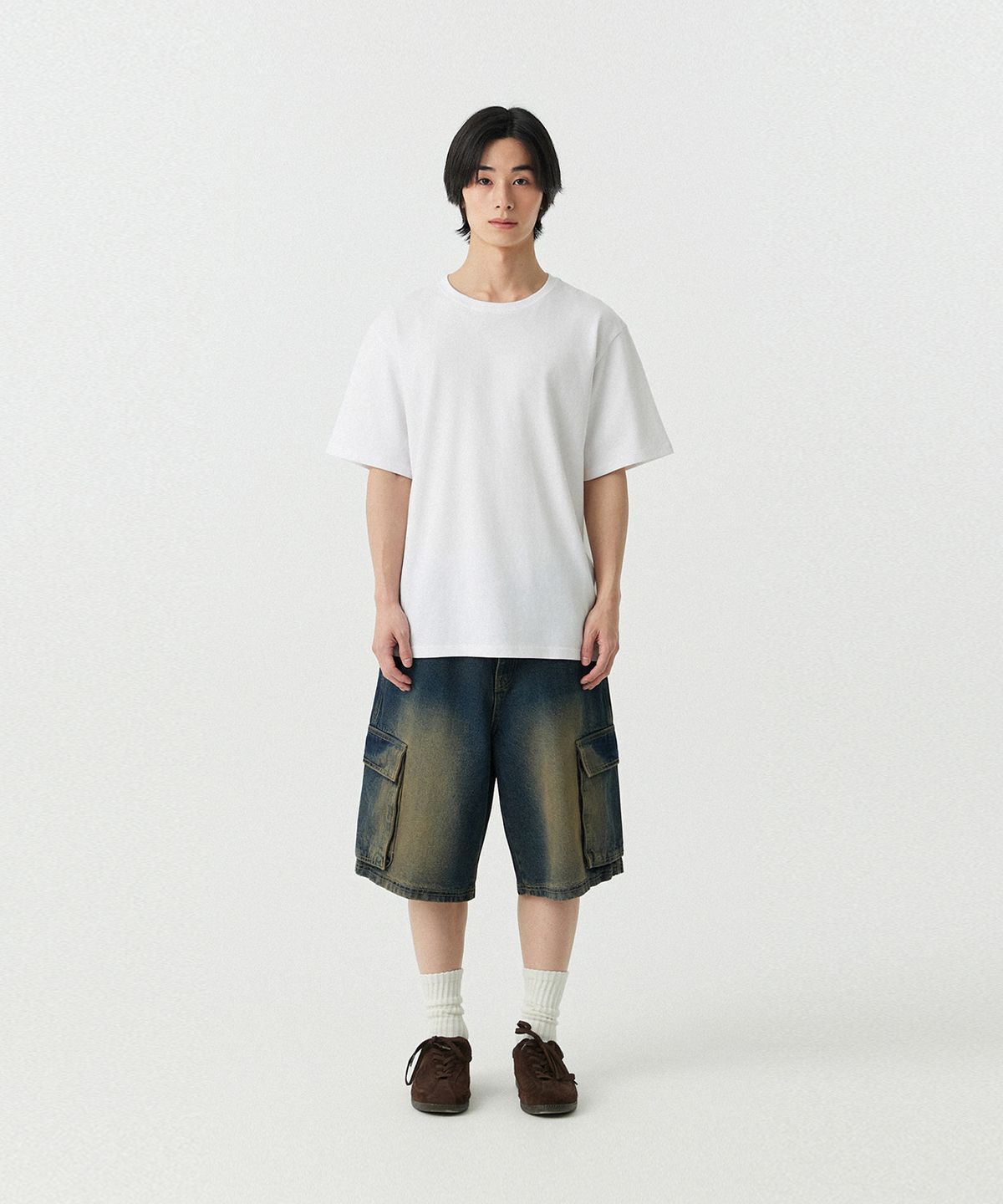 스탠즈(STENDS) [M~4XL] 카고 포켓 버뮤다 데님 팬츠_빈티지 블루