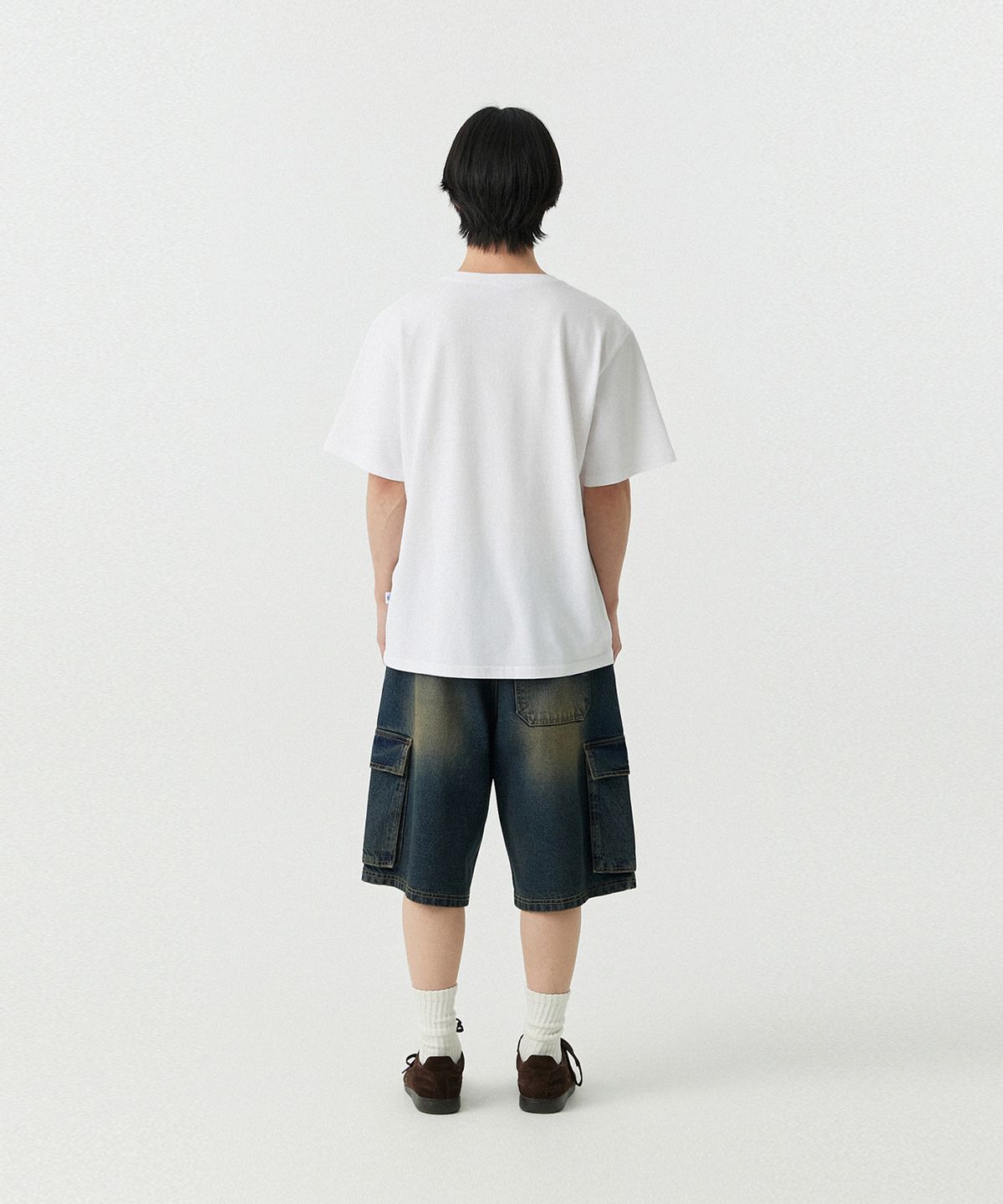 스탠즈(STENDS) [M~4XL] 카고 포켓 버뮤다 데님 팬츠_빈티지 블루