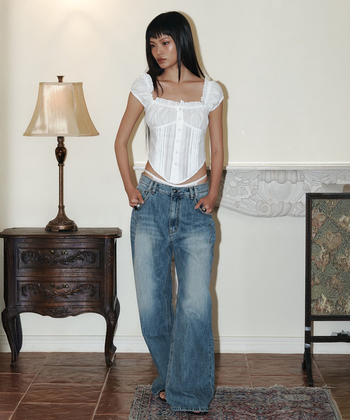 플리즈노팔로우(PLEASENOFOLLOW) 25Damaged Washing Wide Denim (Washed Blue)