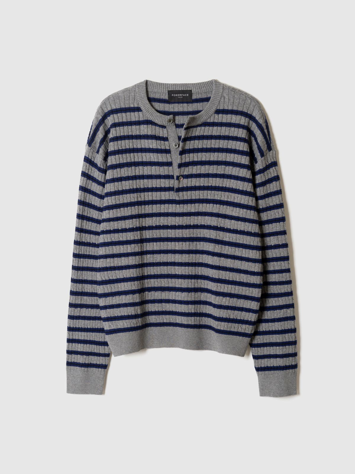 포커페이스(POKERFACE) CABLE STRIPE HENLEY NECK KNIT GREY