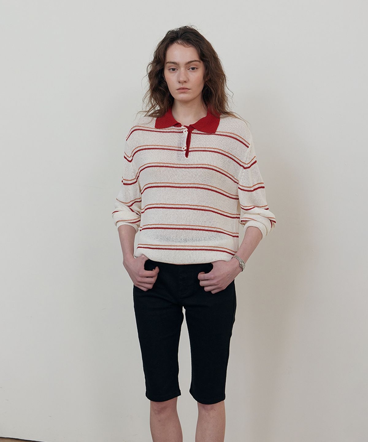 스텝어라운드(STEP AROUND) Stripe collar linen knit_RED