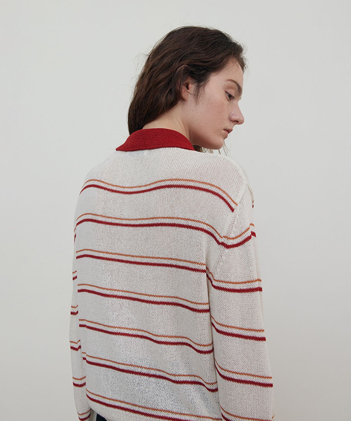 스텝어라운드(STEP AROUND) Stripe collar linen knit_RED