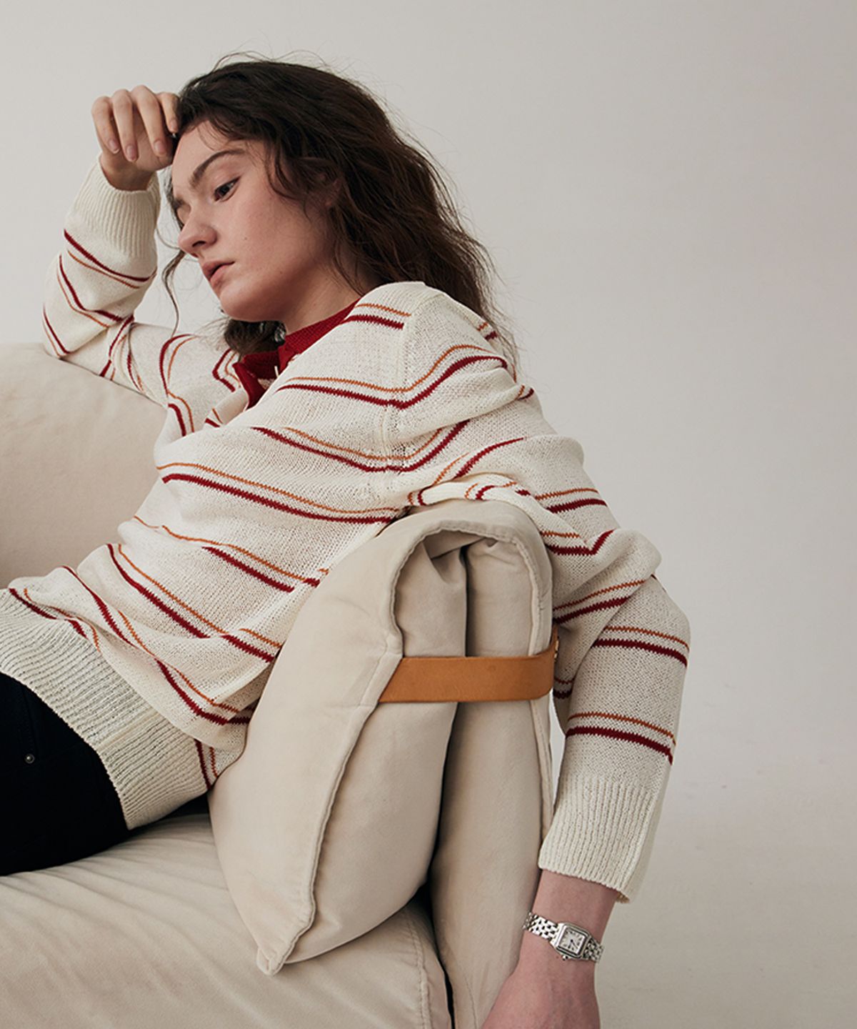 스텝어라운드(STEP AROUND) Stripe collar linen knit_RED