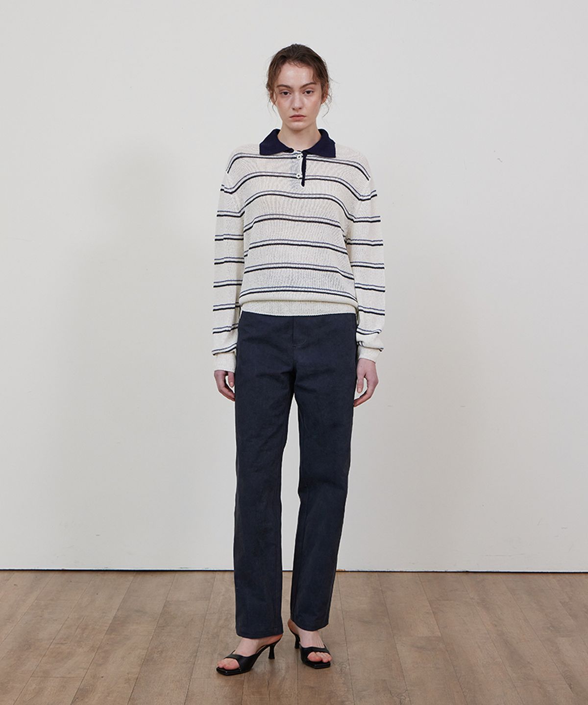 스텝어라운드(STEP AROUND) Stripe collar linen knit_NAVY