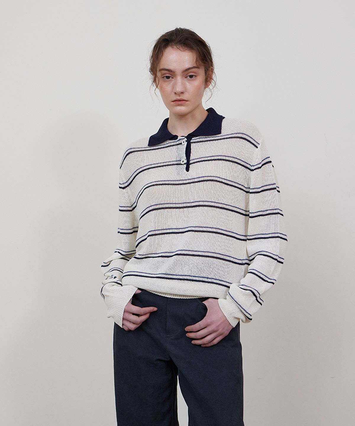 스텝어라운드(STEP AROUND) Stripe collar linen knit_NAVY