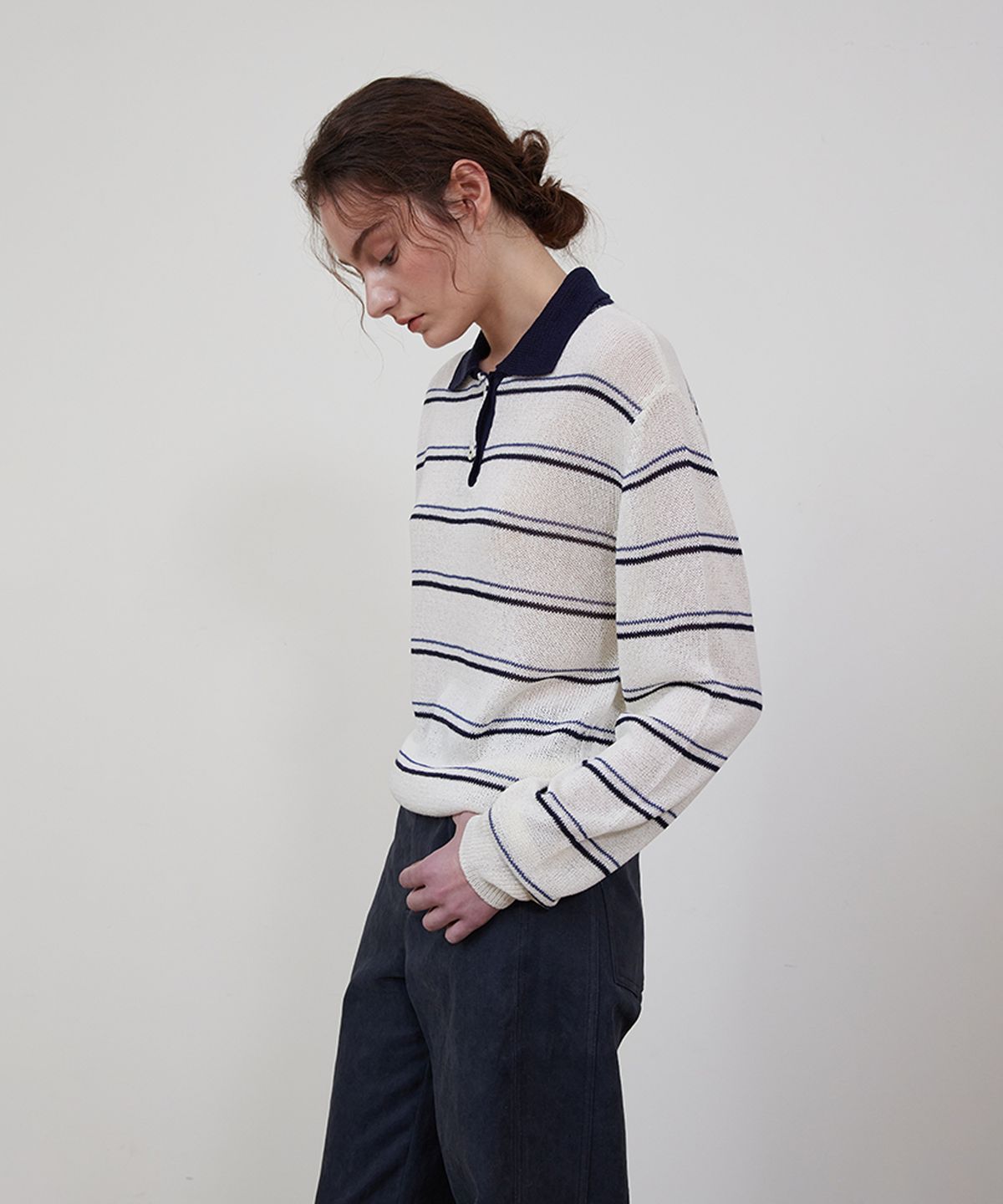 스텝어라운드(STEP AROUND) Stripe collar linen knit_NAVY