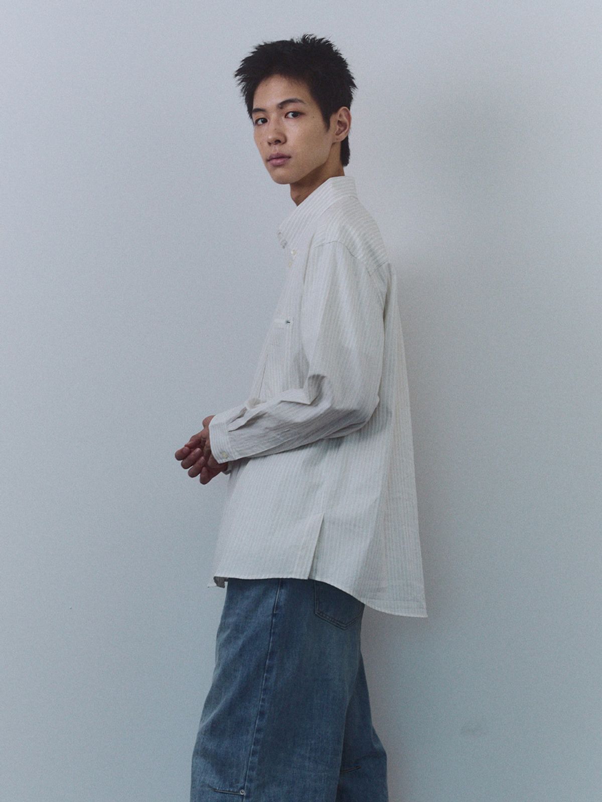 기준 맨(KIJUN MEN) Natural Stripe Button Down Shirt Ivory