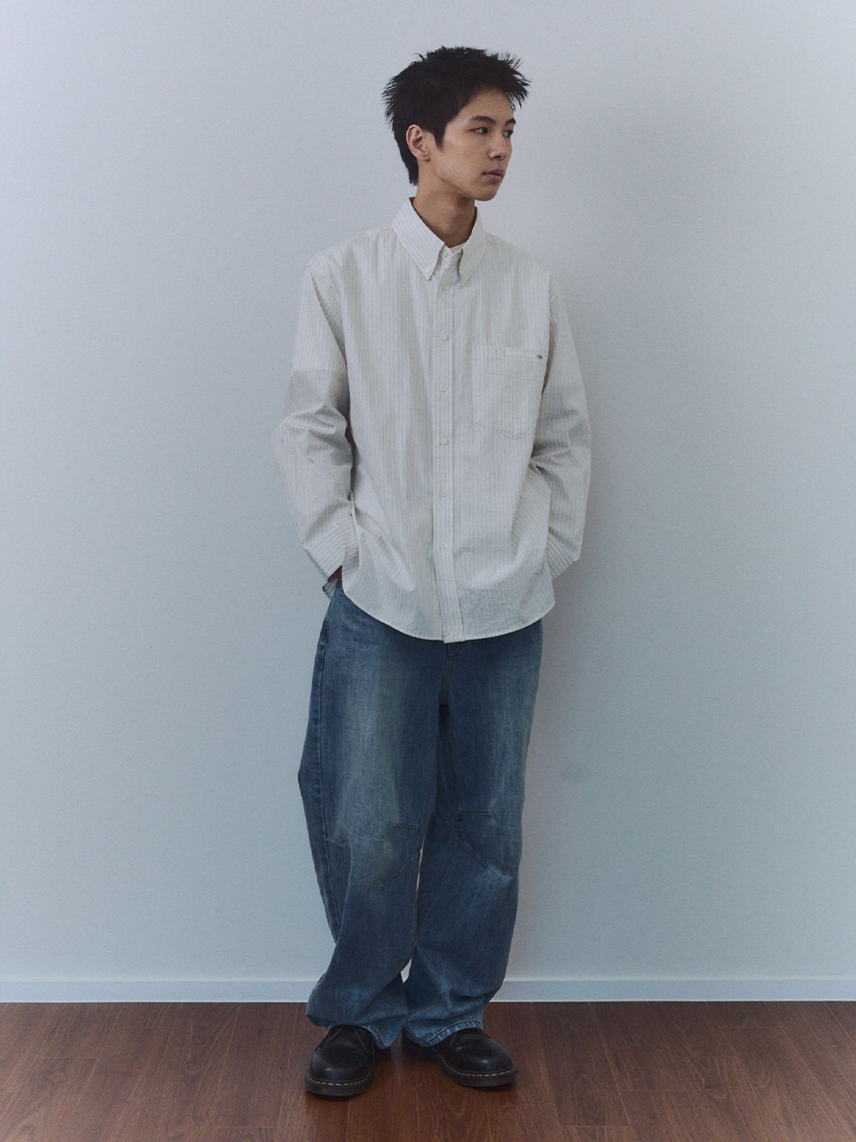 기준 맨(KIJUN MEN) Natural Stripe Button Down Shirt Ivory