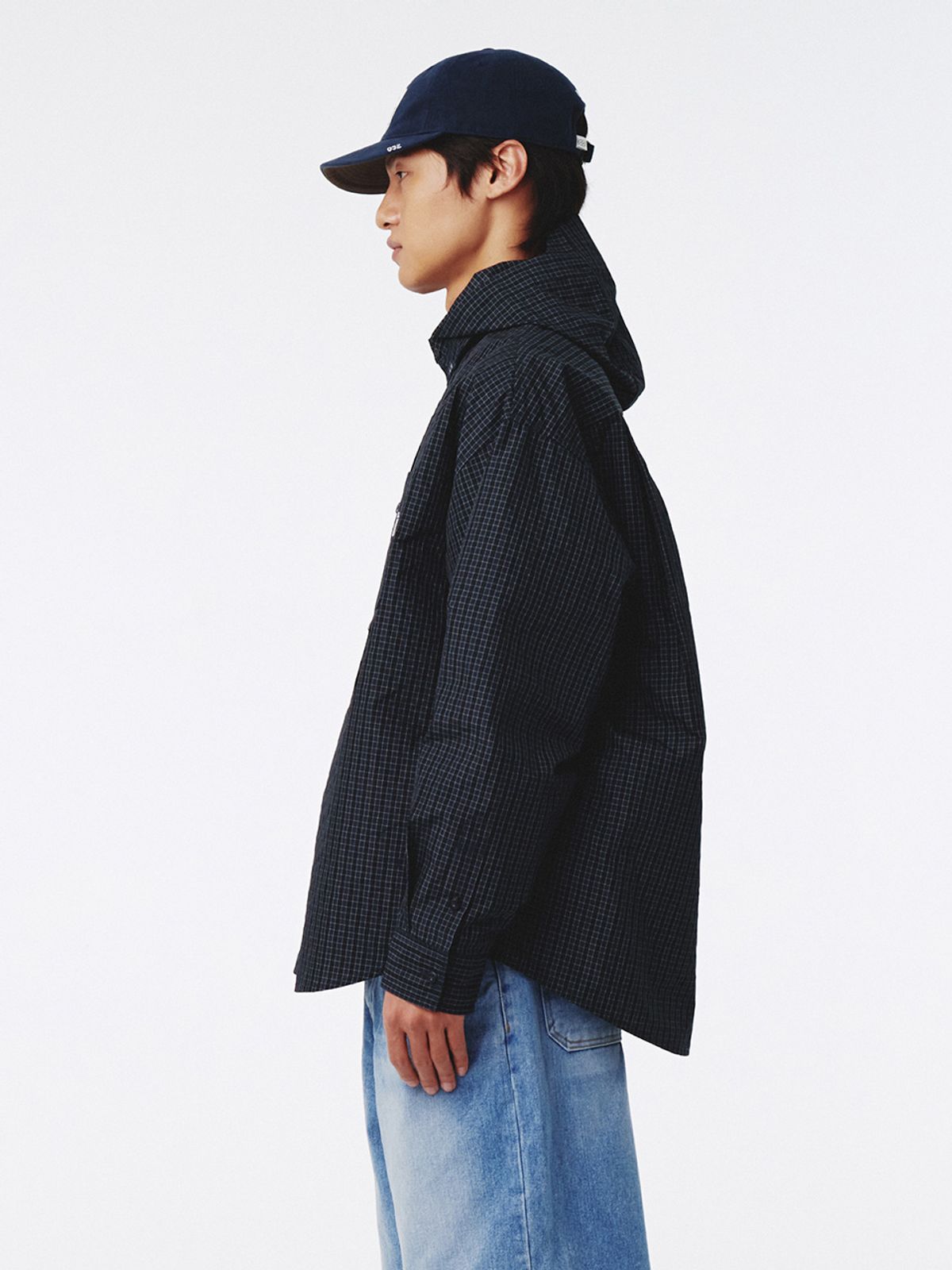 기준 맨(KIJUN MEN) Check Hoodie Shirt Navy