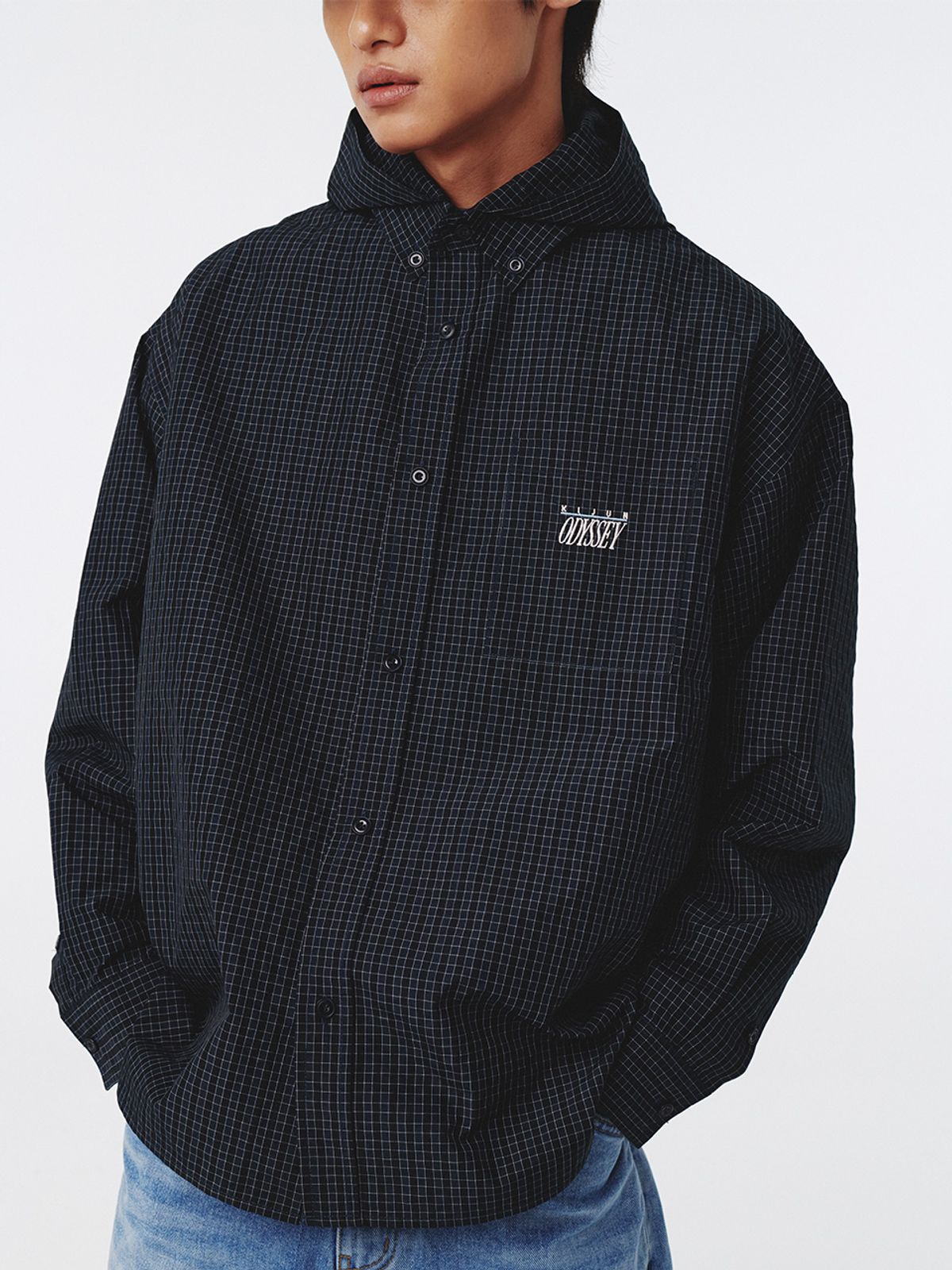 기준 맨(KIJUN MEN) Check Hoodie Shirt Navy