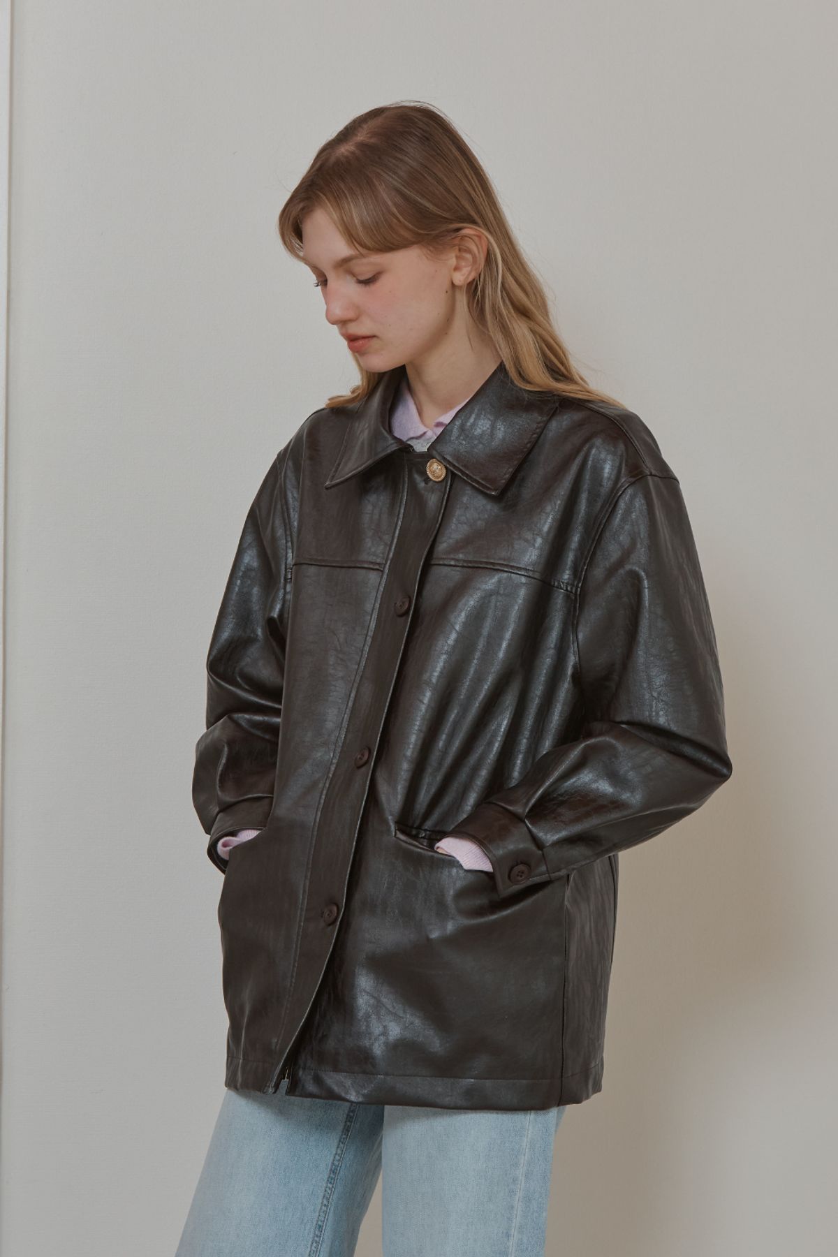 아노에틱(ANOETIC) BUTTON CLASSIC LEATHER JACKET_BROWN
