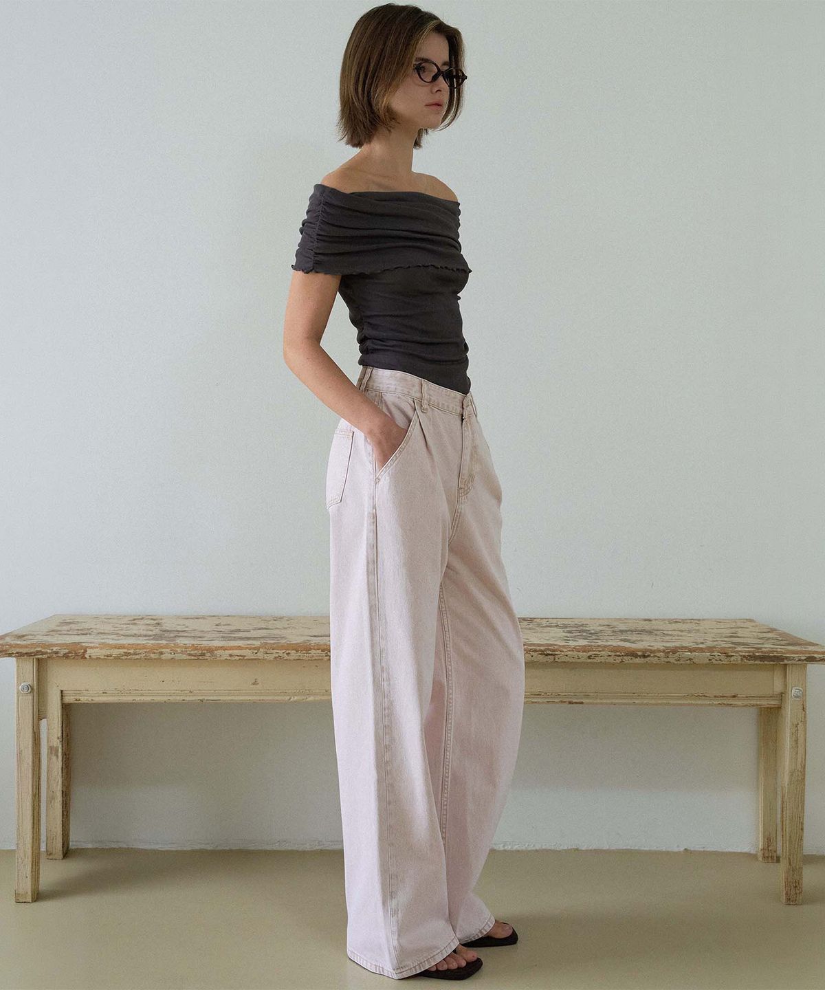 하우스 오브 폰드(HOUSE OF POND) Wide Leg Pintuck Denim Jeans_Pink