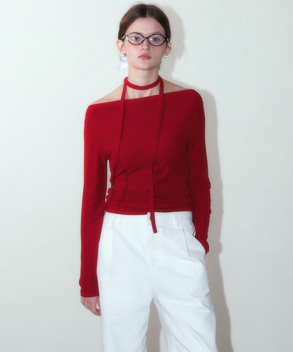 하우스 오브 폰드(HOUSE OF POND) Silky Boat-Neck Strap T Shirt_Red