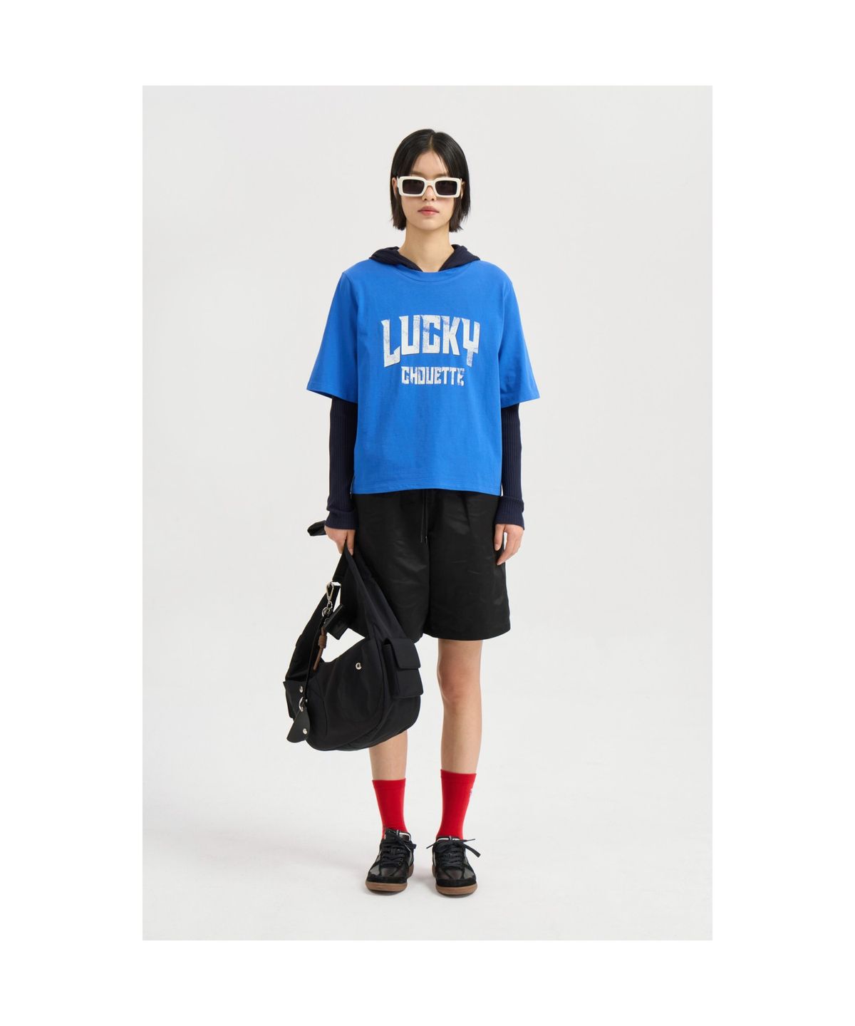 럭키슈에뜨(LUCKY CHOUETTE) Embroidered Point Rib Hooded T-shirt (navy)_LFTAS25125NYX